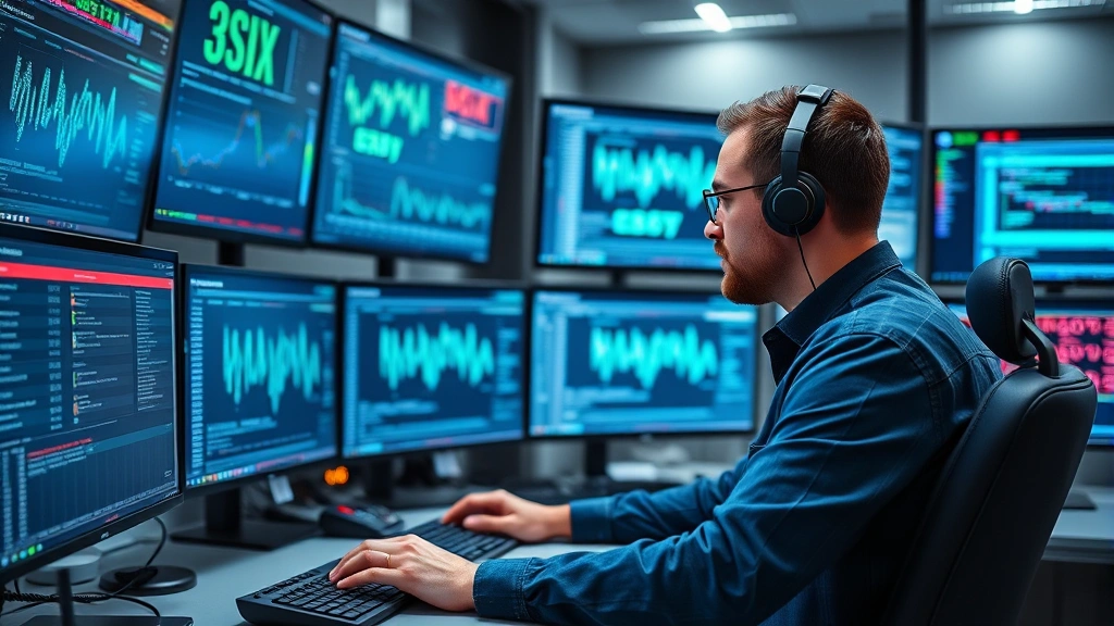 Cybersecurity professional working at modern SOC (Security Operations Center) with multiple monitors displaying network traffic analysis, threat detection dashboards, and security alerts in real-time monitoring environment