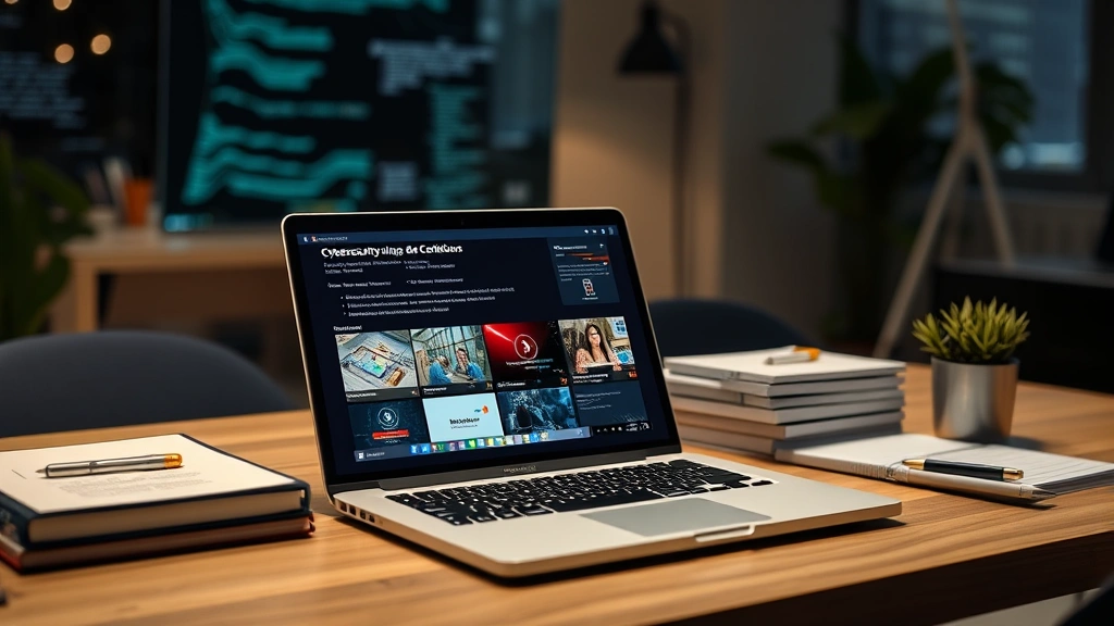 Cybersecurity training and certification study setup showing laptop with online security courses, certification exam preparation materials, and professional development resources in modern workspace