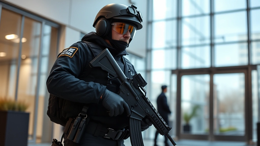 Professional armed security officer in tactical gear conducting perimeter patrol at corporate facility during daytime, alert posture, secure facility entrance background