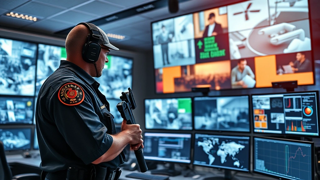 Armed security professional reviewing surveillance monitors and threat assessment data in modern security operations center, multiple screens displaying facility security systems