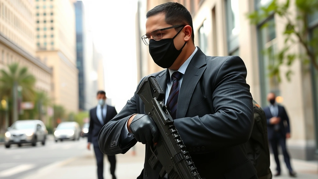 Executive protection specialist in professional attire maintaining protective stance near corporate client, urban environment, demonstrating close protection professionalism and vigilance