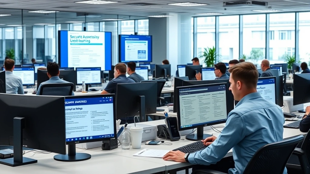 Corporate office environment showing employees at workstations with security awareness training materials visible on screens, representing human-centric cybersecurity defense and employee security consciousness
