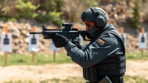 Armed security professional in tactical gear conducting firearm training at outdoor shooting range with paper targets in daylight, realistic photographic style, no visible text or code