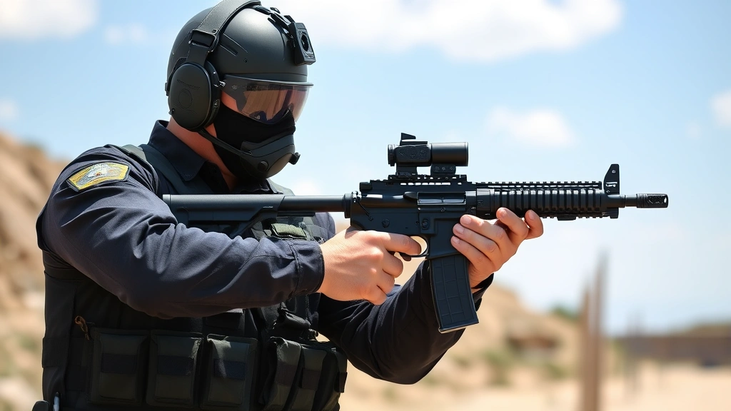 Professional armed security officer in tactical uniform demonstrating proper firearm grip and stance during outdoor range training with safety equipment visible