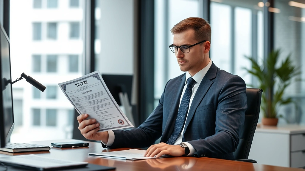 Experienced security professional reviewing official TCPSE licensing documents and training certificates at modern office desk with professional setting