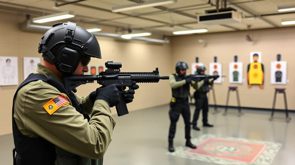 Armed security personnel conducting proficiency firearm qualification test at indoor shooting range with multiple target stations and safety protocols in place