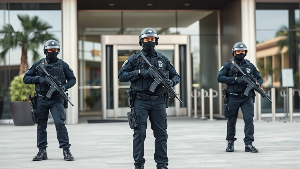 Professional armed security personnel in tactical uniform conducting perimeter patrol at modern Los Angeles commercial facility entrance, alert posture, photorealistic, daytime