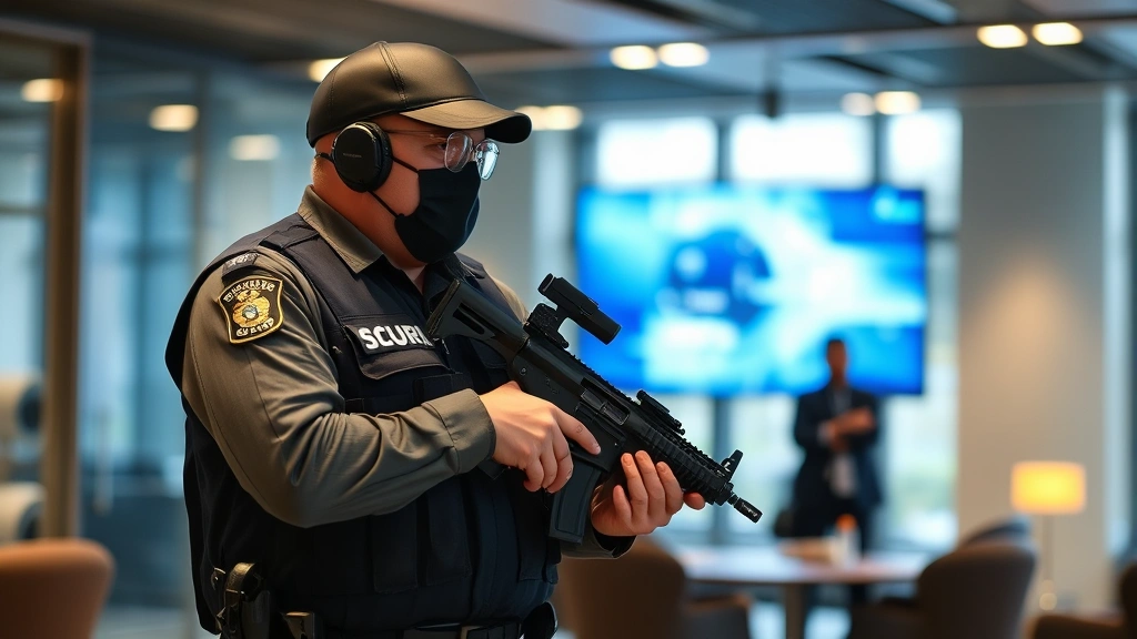 Armed security officer performing threat assessment training scenario in professional indoor setting, reviewing security protocols and incident response procedures