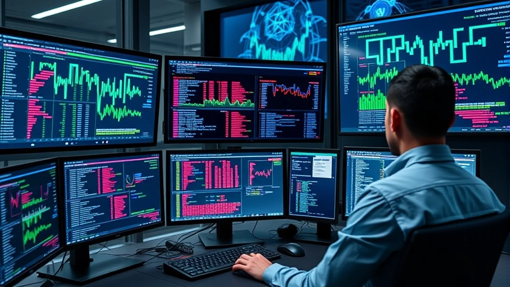 Cybersecurity professional analyzing threat data on multiple monitors in a security operations center, displaying network traffic patterns and security alerts in a modern office environment