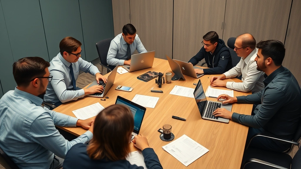 Team of security professionals conducting a tabletop incident response exercise with laptops and documentation around a conference table, demonstrating coordinated breach response procedures