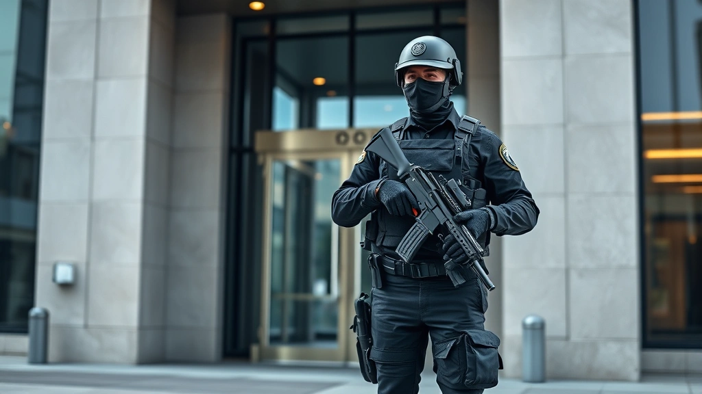 Professional armed security officer in tactical gear standing vigilant at corporate building entrance, photorealistic, modern security uniform, protective stance, professional demeanor, no visible weapons or text