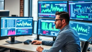 Professional cybersecurity analyst monitoring multiple security dashboards with network traffic visualizations, sitting at modern workspace with multiple monitors displaying threat intelligence data, focused expression, contemporary office environment