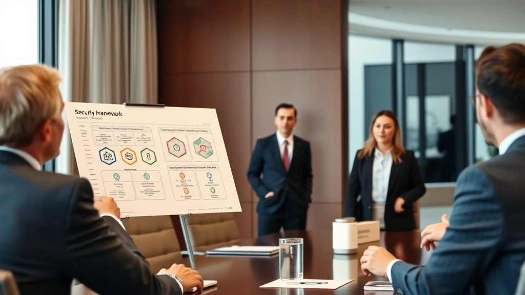 Experienced CISO or security architect presenting security framework to executive leadership in boardroom, displaying confidence and expertise, professional attire, sophisticated presentation environment demonstrating career advancement and leadership role