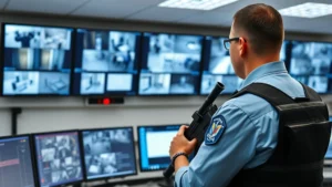 Armed security guard monitoring multiple digital screens showing facility access control systems and surveillance feeds in a modern security operations center, with blue and red status indicators