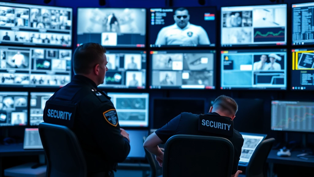 Professional armed security officer in tactical uniform monitoring multiple digital screens displaying access control systems, surveillance feeds, and network dashboards in modern security operations center with blue ambient lighting