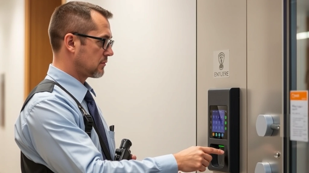Armed security professional examining access control badge reader system with concerned expression, highlighting potential cyber vulnerability points on modern digital entry system