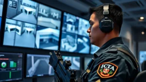 Professional armed security officer in tactical uniform monitoring multiple security camera feeds on digital screens in a modern security operations center, focused concentration on face, multiple displays showing building layouts and threat alerts, professional lighting, corporate environment