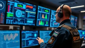 Professional security officer in tactical uniform monitoring multiple digital screens displaying network activity and threat indicators in a modern security operations center