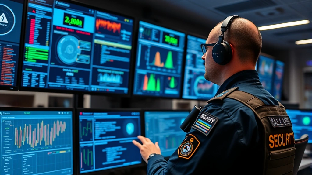 Professional security officer in tactical uniform monitoring multiple digital screens displaying network activity and threat indicators in a modern security operations center