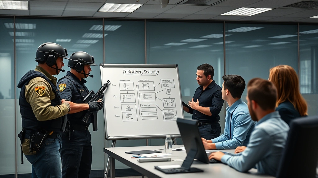Diverse team of security professionals in a training session, including armed security personnel and IT staff reviewing cybersecurity procedures on a whiteboard together
