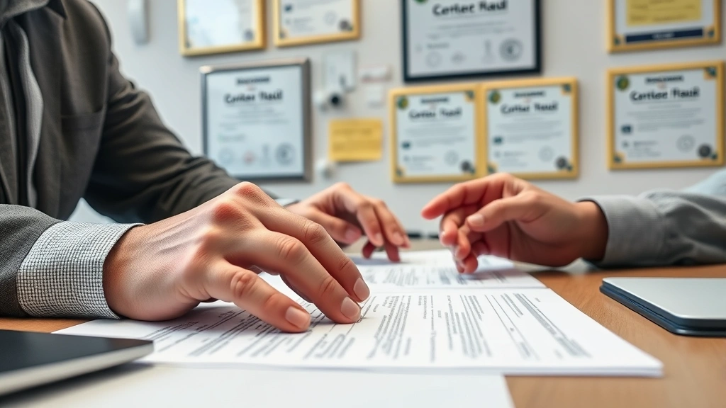 Close-up of a security professional's hands reviewing incident response documentation at a desk with cybersecurity certifications visible on the wall behind them