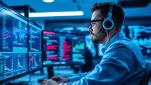 Professional cybersecurity expert analyzing threat data on multiple monitors in a modern security operations center with blue ambient lighting and network visualizations