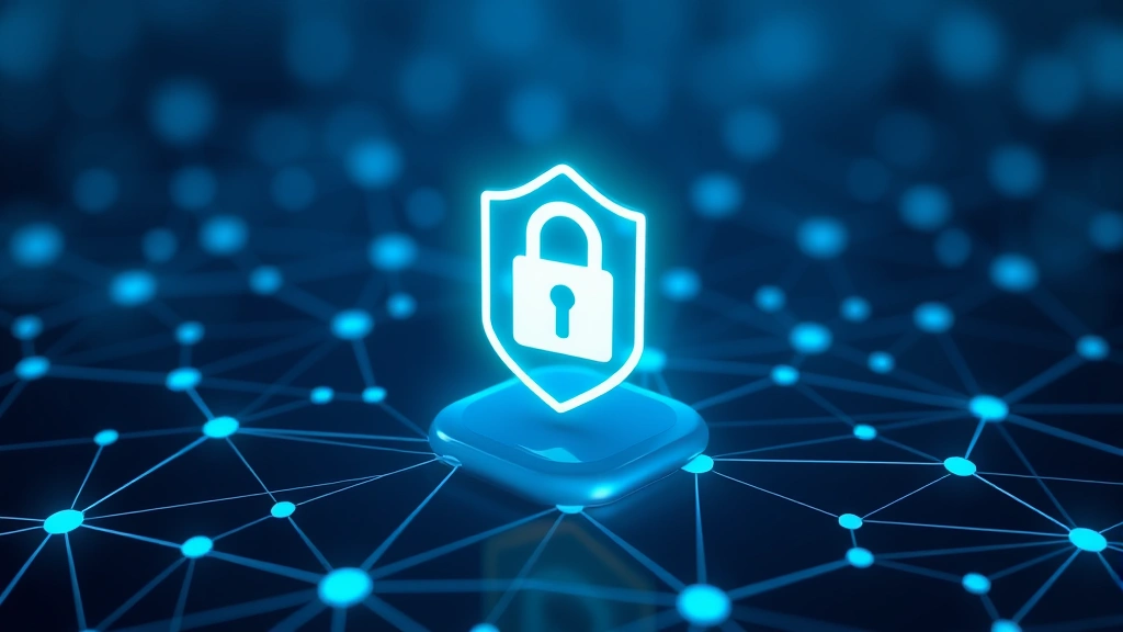 Digital lock symbol with shield design floating above interconnected network nodes representing data protection and secure connections