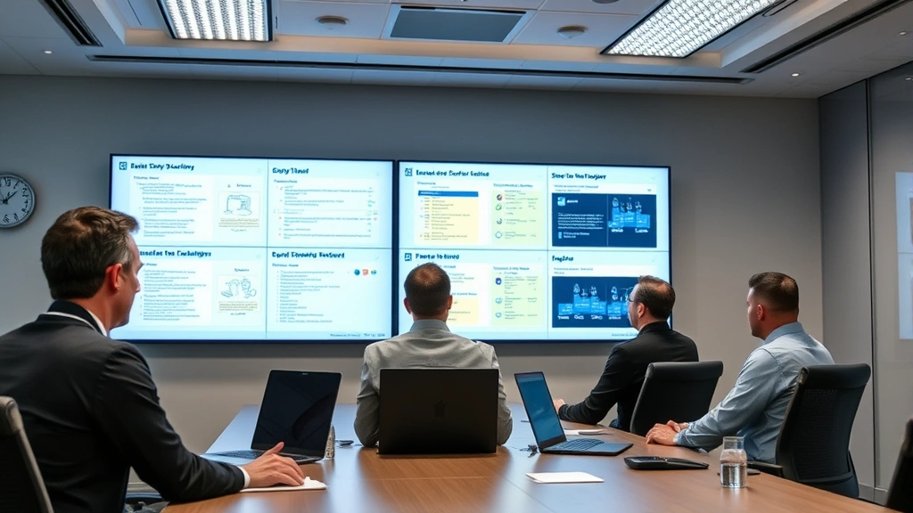 Team of security professionals in a conference room reviewing security protocols and incident response plans on large displays