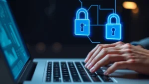 Close-up of hands typing on laptop keyboard with blue digital security padlock hologram floating above the screen, dark professional background with subtle tech elements