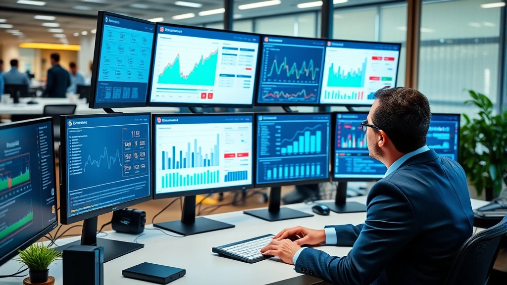 Professional workspace showing multiple monitors displaying security dashboards with graphs and threat indicators, person in business attire reviewing data on screen, modern office setting