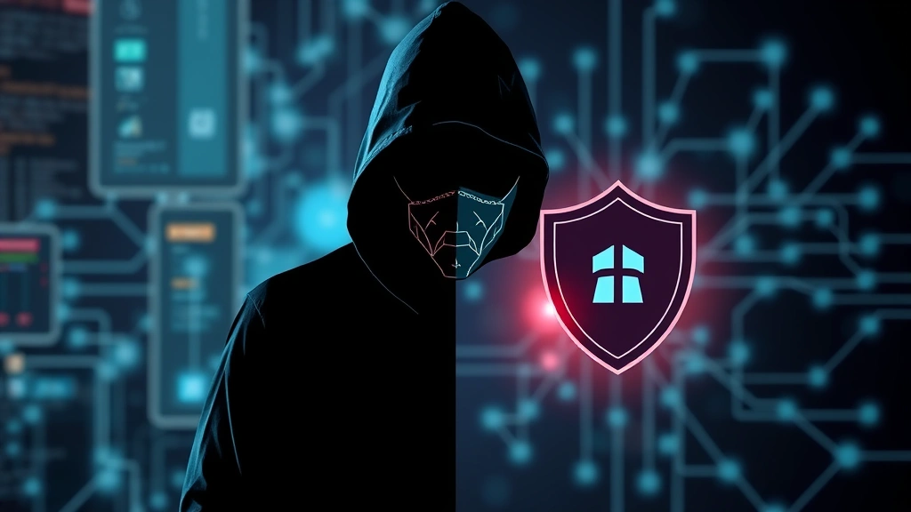 Split-screen showing cyber attacker silhouette on dark side and protected shield icon on bright side, representing defense against threats, abstract digital background with network nodes