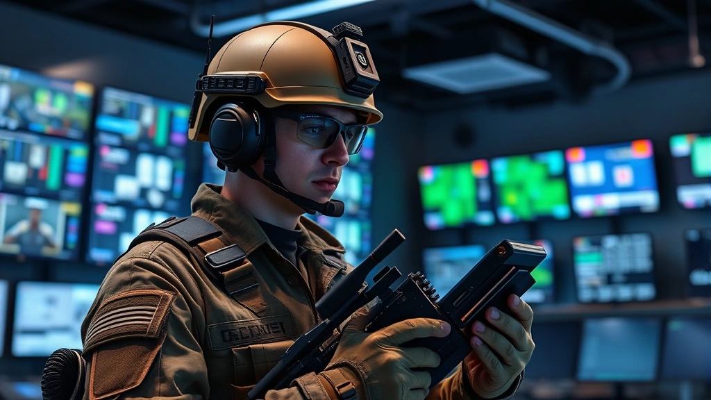 Soldier in military uniform using encrypted tactical communication device in secure operations center with monitors and security infrastructure visible in background, professional lighting