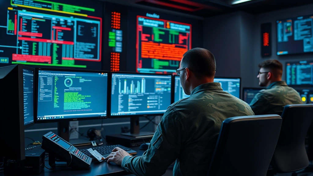 Military cybersecurity team in secure facility monitoring communication networks on multiple screens, analyzing threat intelligence, modern security operations center environment