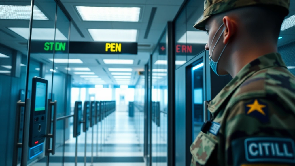 Close-up of military personnel entering biometric authentication at secure communication facility entrance, showing advanced access control systems and security infrastructure