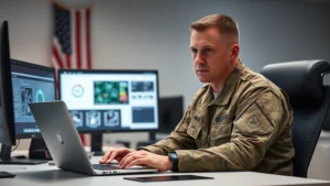 Military personnel in camouflage uniform sitting at desk with laptop and dual monitors, cybersecurity dashboard visible on screens, serious focused expression, office environment with American flag in background, professional lighting, realistic photography