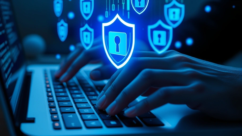 Close-up of hands typing on keyboard with holographic security shield icons floating above, blue digital light effects, cybersecurity protection visualization, no actual code or text visible, modern tech atmosphere, cinematic lighting