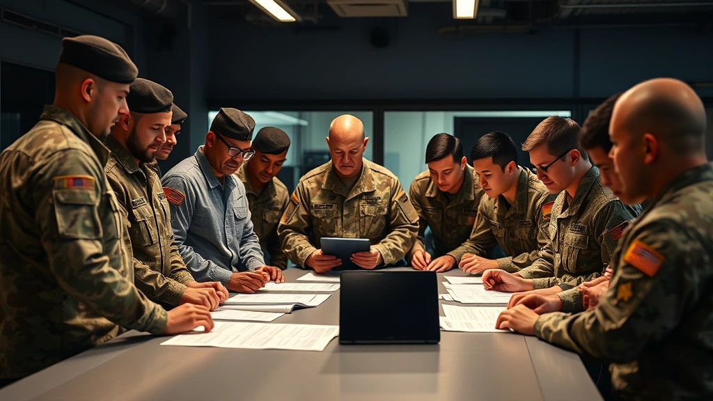 Diverse group of soldiers in military uniform standing around conference table reviewing security protocols on tablet and documents, collaborative learning environment, tactical operations center background, professional military setting, warm LED lighting