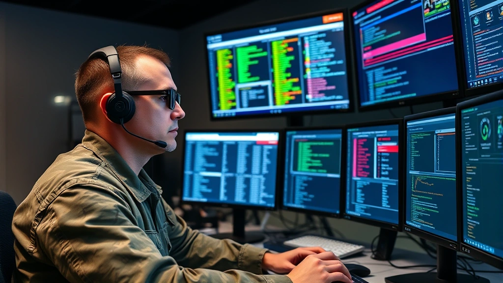 Military cybersecurity analyst in secure operations center monitoring multiple computer screens displaying network data and security alerts, professional focused demeanor