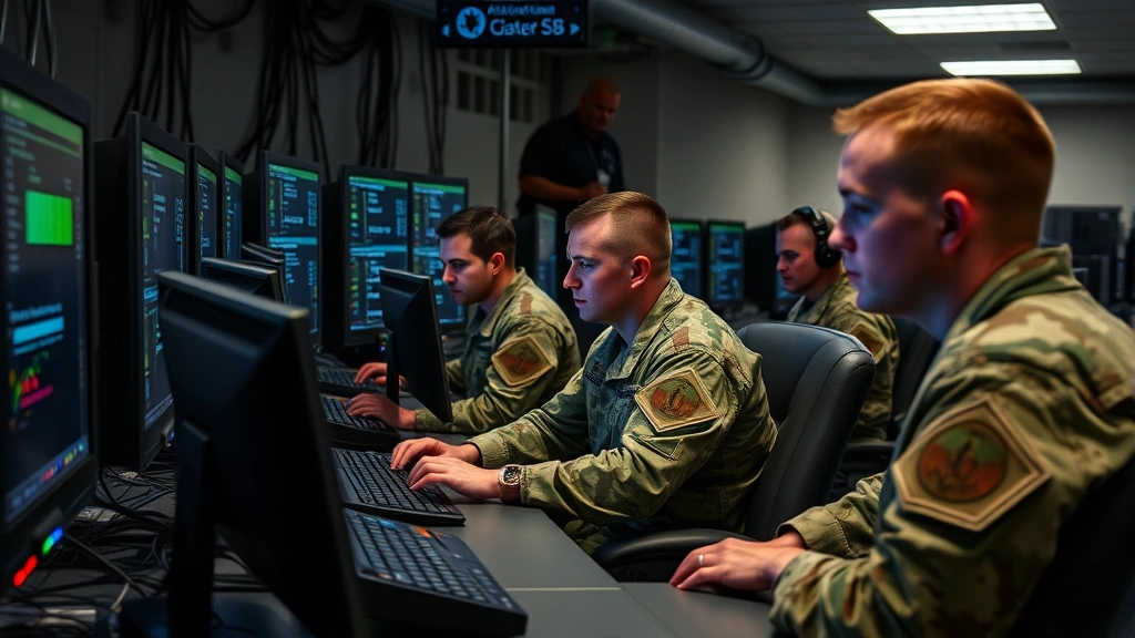 Army cyber professionals in training facility working with advanced computer systems and security technology, collaborative team environment with military uniforms