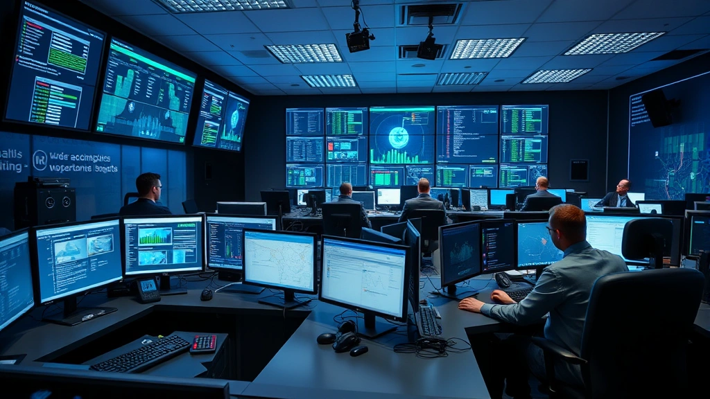 Defense operations command center with cybersecurity professionals at workstations, multiple screens showing network monitoring dashboards, secure facility atmosphere