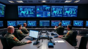 Military intelligence command center with personnel monitoring multiple cybersecurity screens displaying network traffic and threat detection dashboards, professional secure facility lighting