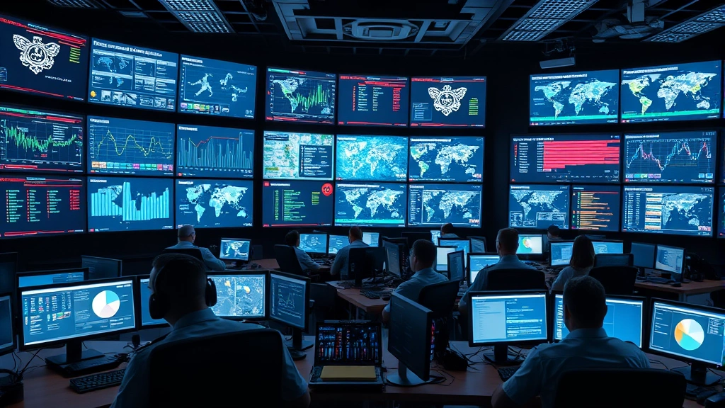 Military command center with multiple security monitoring displays showing network traffic, threat indicators, and real-time defense operations with personnel analyzing cybersecurity data at workstations