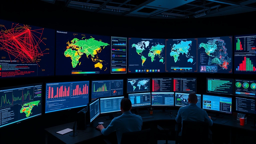 Advanced cybersecurity operations center with large wall displays showing global network topology, threat heat maps, and security incident dashboards with analysts in tactical operations environment