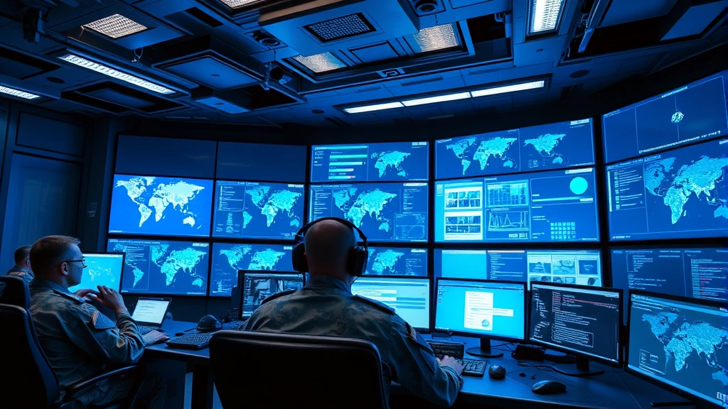 Military command center with multiple screens displaying network maps and threat dashboards, soldiers monitoring cyber operations in a secure facility with blue lighting and advanced technology