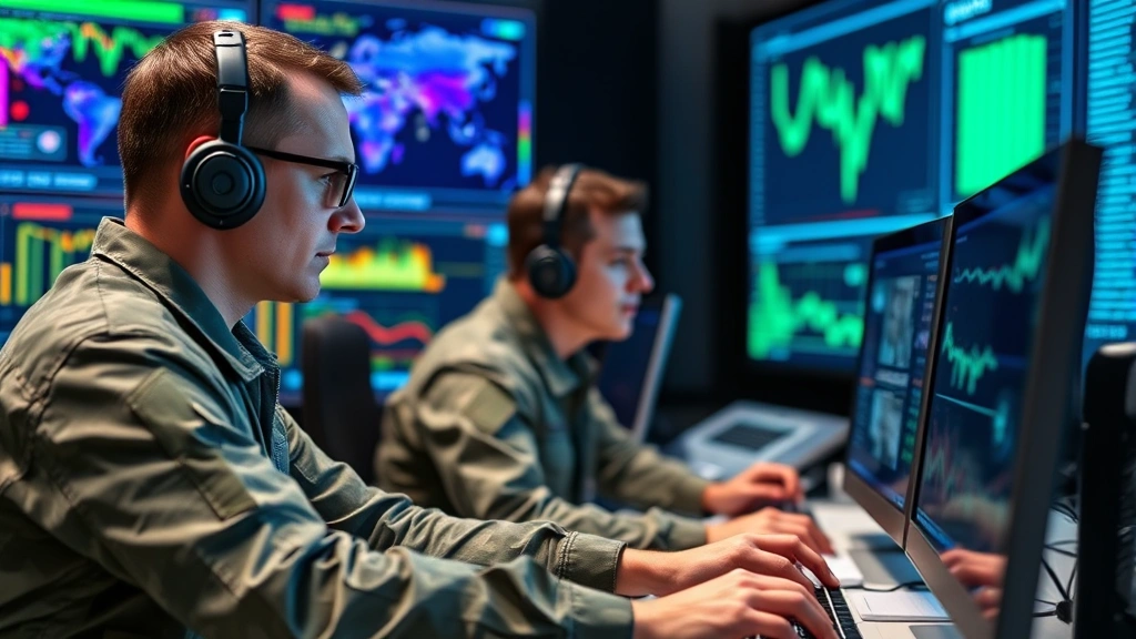 Cybersecurity specialists in military uniforms working at terminals analyzing threat intelligence, focused on data analysis with digital security visualizations in background