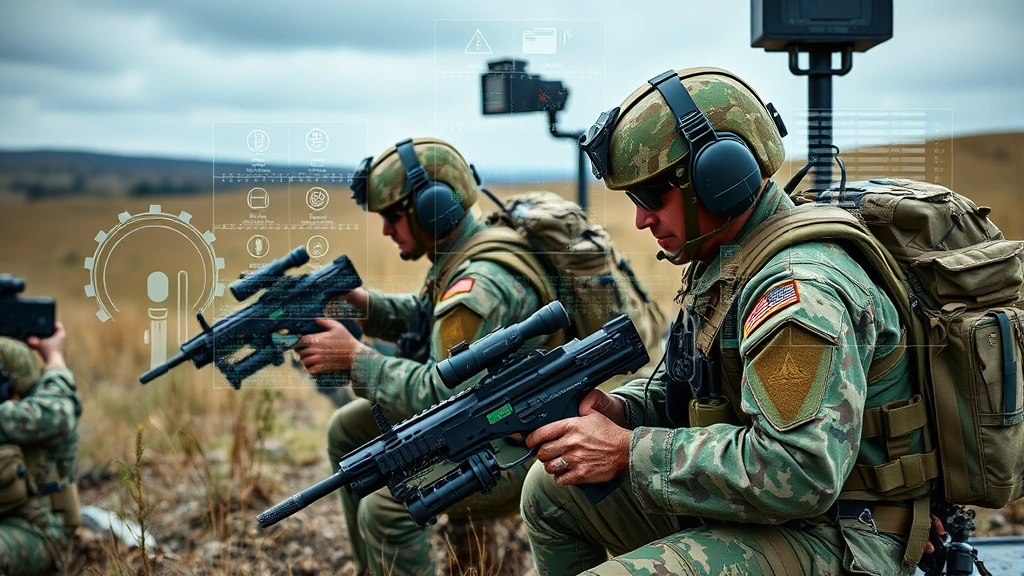 Army soldiers conducting cyber security training exercise on tactical equipment, demonstrating secure communications protocols in field operational environment with digital overlay elements