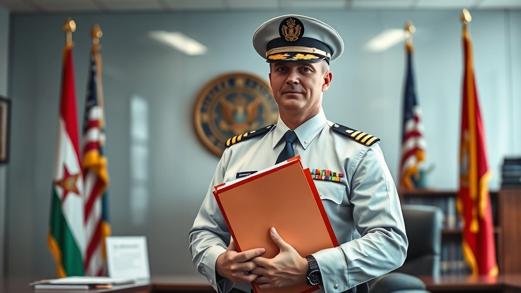 Professional military officer in dress uniform holding classified folder in secure government office with flags and official documents visible, serious expression