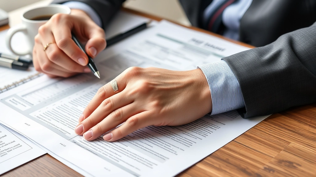 Close-up of hands reviewing official government paperwork and forms on desk with pen and coffee cup, organized documentation setup