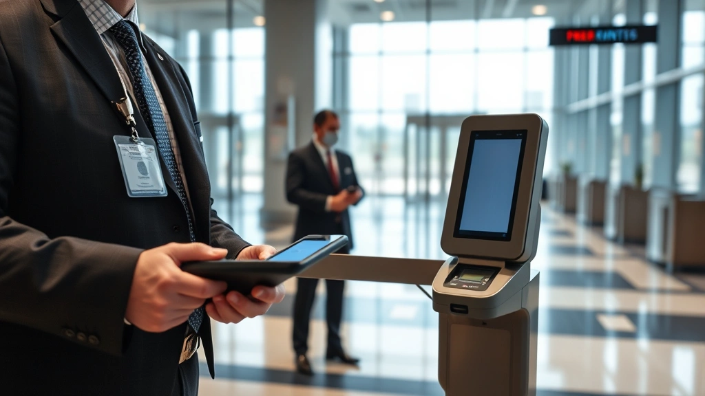 Security checkpoint with badge reader, fingerprint scanner, and biometric authentication equipment in modern federal building lobby