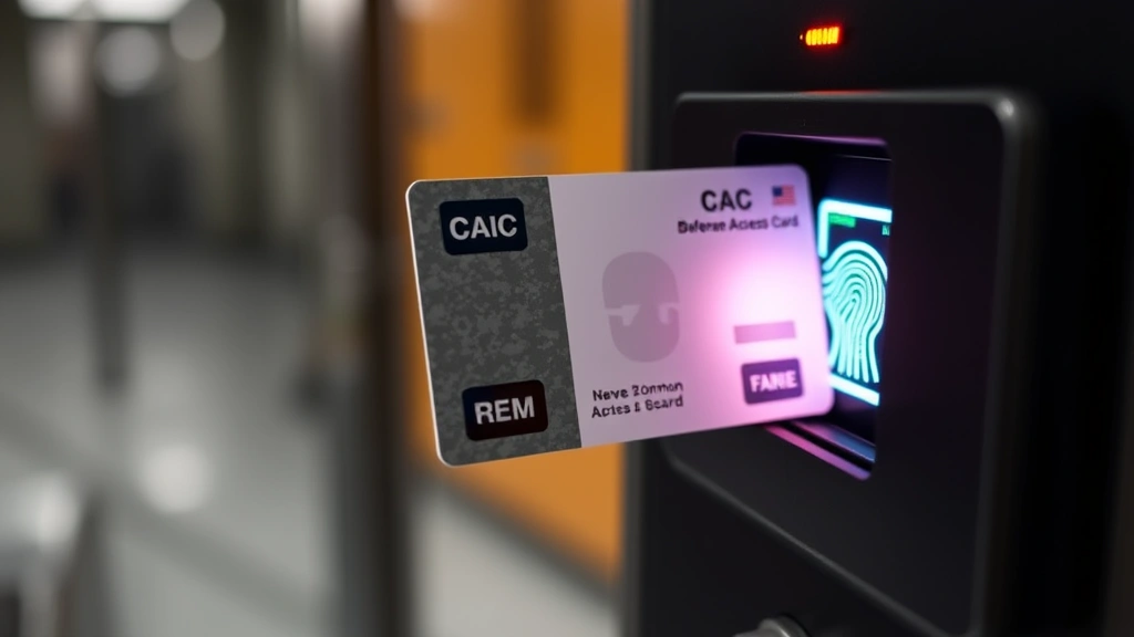 Close-up of a military Common Access Card (CAC) being inserted into a biometric authentication reader with fingerprint scanner, showing secure badge access technology in modern defense facility